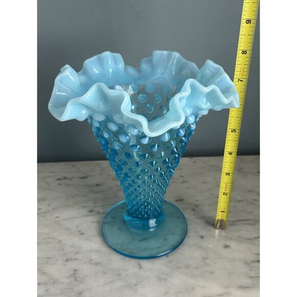 Vintage Fenton Aqua Blue Opalescent Glass Hobnail 8” Ruffled Cone Shaped Vase - Picture 3 of 9